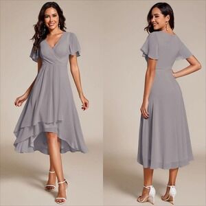 EVER‎ PRETTY Women's Grey Chiffon Flutter Sleeve High Low Hem Dress Size 14
